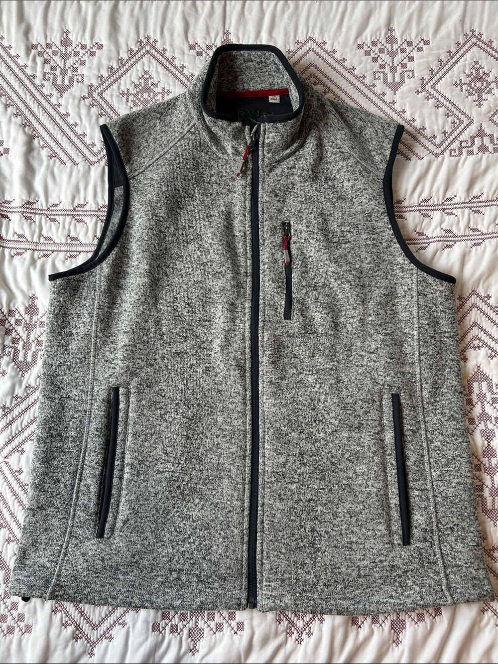 Orvis Gray Heather Fleece Vest with Black Trim and Red Accents